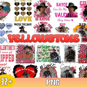 Yellowstone Valentine PNG bundle with cowboy photo cutouts, leopard print hearts and KAYCE CAN BE MY VALENTINE lettering in