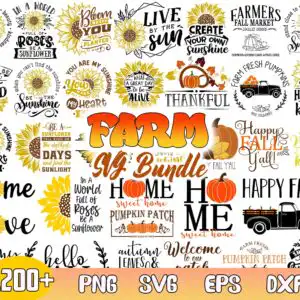 Collage of farmhouse fall sunflower and pumpkin quote designs with vintage truck and sunflowers
