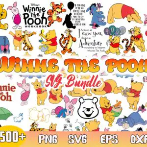 Collage of Winnie the Pooh and friends characters with honey pot and balloons on white background