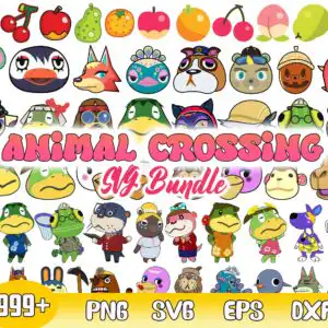 mgb2264.jpg ANIMAL CROSSING text with chibi villager faces, cow, duck, frog characters and peach and cherry fruit icons collage