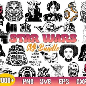 Star Wars characters collage with Darth Vader helmets, Yoda, Chewbacca and BB-8 icons