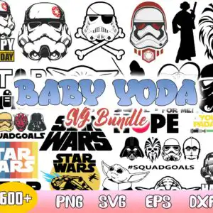 Collage sheet of Baby Yoda birthday Star Wars clip art with helmets and HAPPY BIRTHDAY text