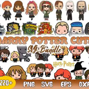 Chibi wizard bundle preview with boy wizard with round glasses, girl wizards, house crests, hippogriff and golden snitch