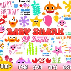 Collage of cute baby shark birthday clipart with colorful sharks, starfish, balloons and Happy Birthday lettering