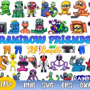 Rainbow Friends game monsters clip art collage with blue crown monster and green long arm characters