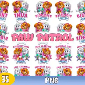 Pink PAW Patrol sheet with Skye and Everest pup characters, a shield badge and Birthday Girl lettering