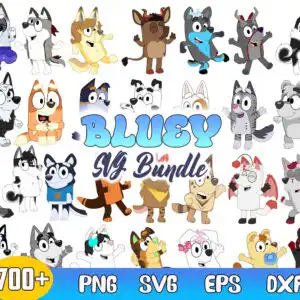 mgb2313.jpg Collage of Bluey-style cartoon dog characters in flat colour with bold outlines, including a blue-and-white dog and an