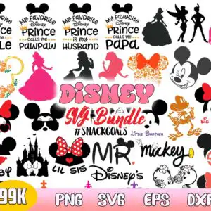 mgb2314.jpg Collage of Disney-inspired family title lettering with Mickey head and princess silhouettes in pink black and gold