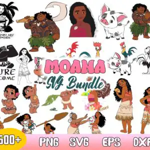 Collage preview of Moana and Maui SVG bundle with Moana, Maui, Pua, Hei Hei and baby Moana characters