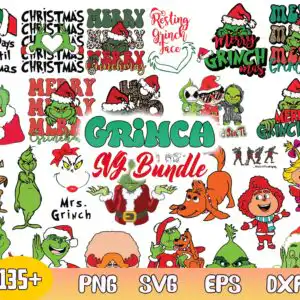 mgb2339.jpg A collage of various green character designs, including a Grinch hand holding an ornament and the Grinch in a Santa hat, all