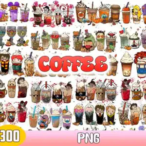 coffee PNG cartoon collage with Halloween iced cups, mugs, pumpkins and bows in red and orange