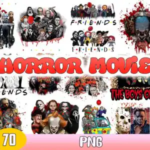 Halloween horror collage preview sheet with masked cartoon groups and red balloons