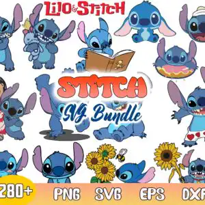 Lilo and Stitch cartoon clip art collage with Stitch in donut float and hugging Scrump doll