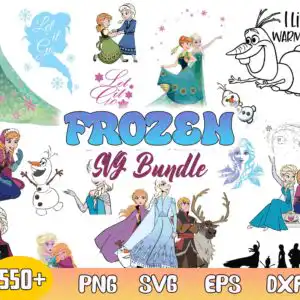 mgb2392.jpg Collage of Frozen-inspired princesses, snowman and reindeer characters with Let it Go text