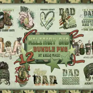 militarydadsublimation4.99.jpg Collage of Army Dad tribute PNG designs with combat boots and camo helmets