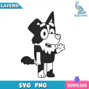 mackenzieoutlineblueysvg.jpg Cartoon border collie dog character standing and waving in black and white flat vector