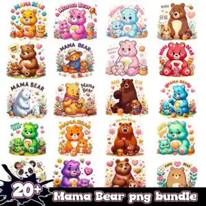 mamabearpngbundle.jpg Grid of 20 cute cartoon bear designs with adult bears and cubs, honey jars and hearts