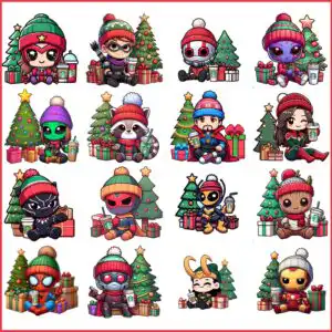 Chibi figures in winter hats with Christmas trees and gift boxes festive set