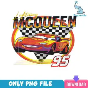 Retro red cartoon race car with blue eyes, Lightning McQueen lettering and number 95 with checkered flag