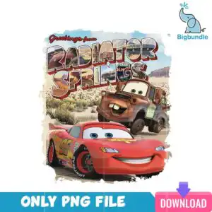 Vintage postcard graphic with Greetings from Radiator Springs lettering, red race car and tow truck in desert