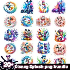 Grid of about 20 watercolor splash illustrations of cartoon mouse and duck characters in bright blue, pink and yellow