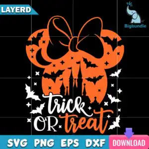 mickeytrickortreathalloween.jpg Orange, black and white mouse head silhouette with bow and trick OR treat lettering with bats and castle