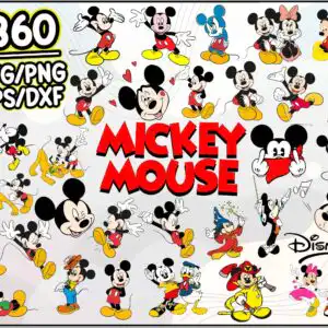 Collage preview sheet of Mickey, Minnie, Pluto, Donald and Goofy in vintage cartoon flat colors on light background