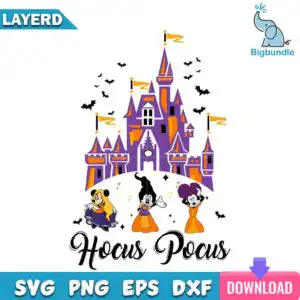 mickeyhoucuspocushalloween.jpg Three cartoon mice in Halloween dresses in front of purple castle with bats and Hocus Pocus text