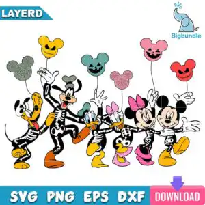 Mickey Mouse Friends PNG design with six animals in skeleton costumes holding mouse-ear balloons