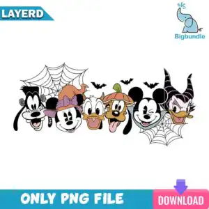 Six peeking cartoon animal heads in Halloween hats with spider webs and bats, orange black purple design