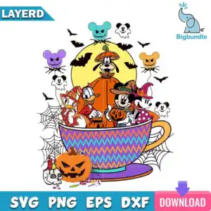 mickeymousefriendshalloween.jpg Cartoon animals in costumes sitting in a large patterned teacup with Halloween decorations and balloons