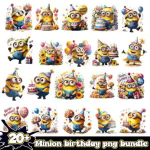 Yellow capsule cartoon figures in blue overalls and goggles with birthday hats, balloons and cakes on white