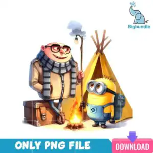 minions2_11.png Cartoon camping scene with two figures, campfire, yellow teepee tent and vintage suitcase on white