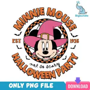 minniemousehalloweenparty.jpg Retro Halloween badge with cartoon mouse head in pink witch hat and orange black checkered border