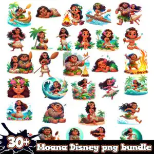 moanapngbundle.jpg Chibi Polynesian girl with grass skirt and floral accessories surrounded by palm trees, canoe and tropical elements on white