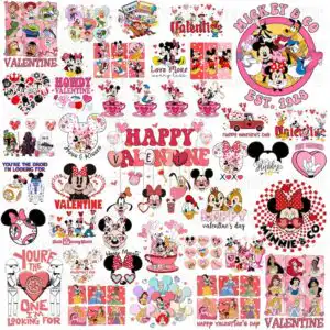 mouseandfriendsvalentinepngbundle1.jpg Valentine's Day collage of Mickey, Minnie, Donald and Goofy with pink hearts and balloons on a white background