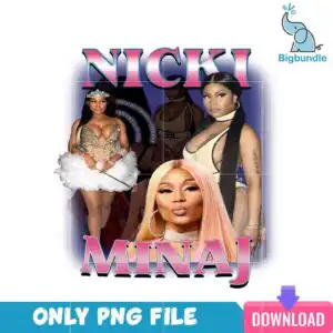 nickiminaj.png Retro collage with three women around stacked NICKI MINAJ lettering in pink and indigo, on a white background