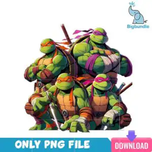 ninjaturtle_8.png Four green turtle characters with orange and magenta masks in heroic comic poses