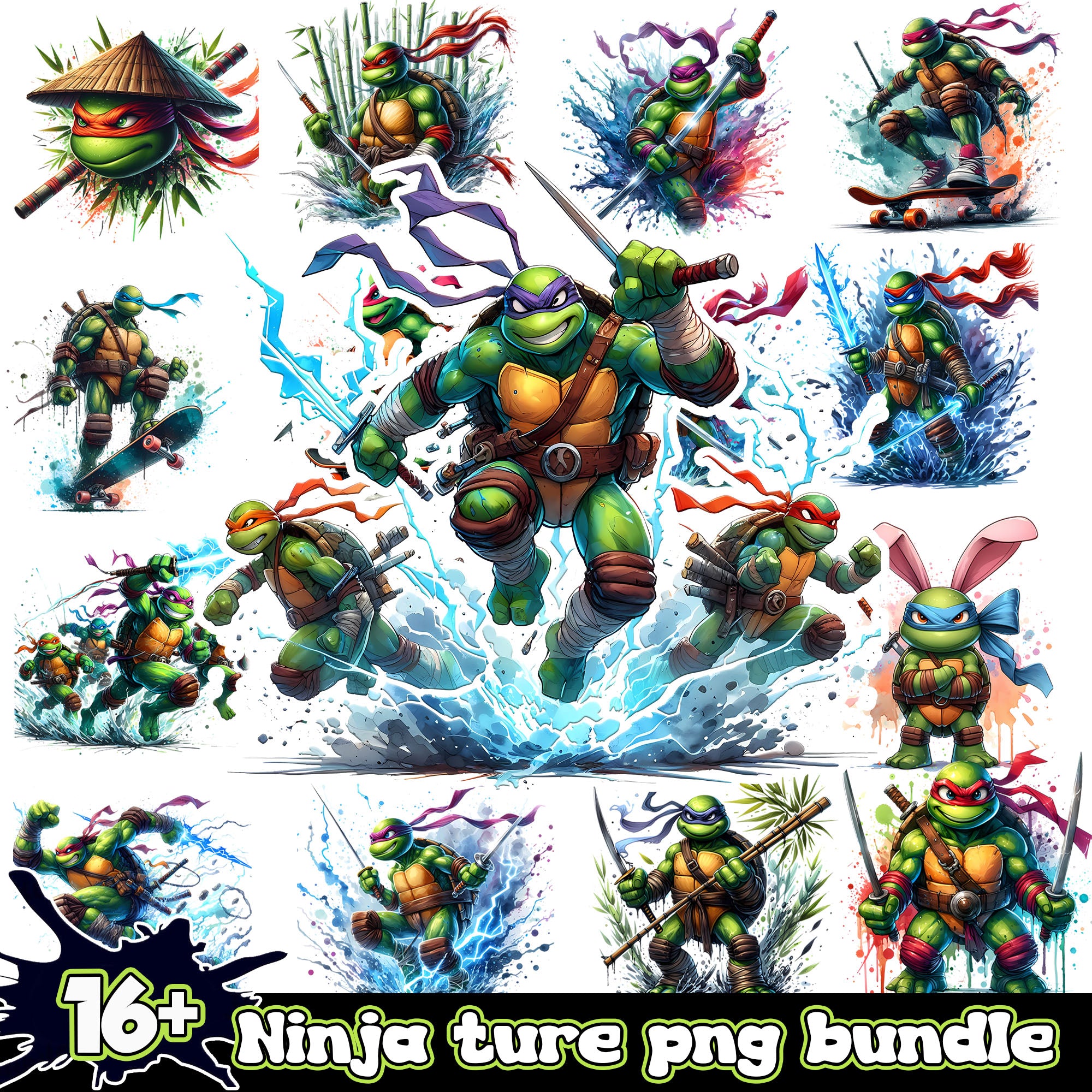 Ninja ture Watercolor Splash png bundle