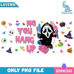 no-you-hang-up-halloweenhorror-pink-glasscan.jpg Blue cartoon creature in ghost costume holding pink telephone and knife with No You Hang Up text