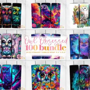 owltumblerbundle5.99.jpg Owl Obsessed watercolor owl on branches with flowers, leaves and stars in vibrant sunset colors