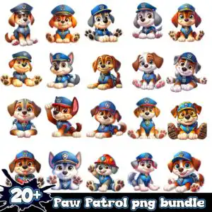 20 cartoon sitting puppies in police uniforms and caps on white background