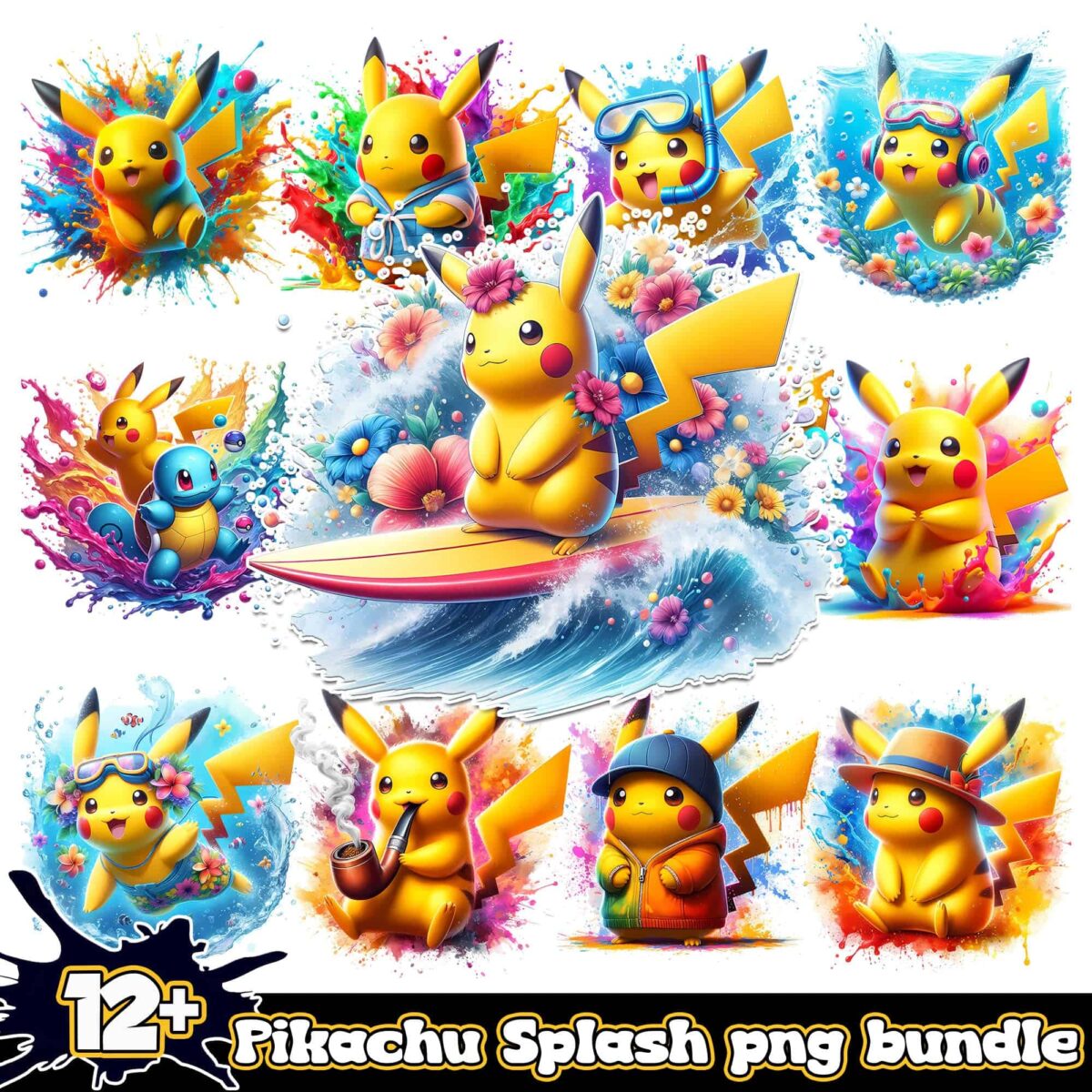 PikachuSplashandWatercolorpngbundle