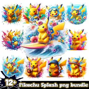Pikachu characters in summer beach poses with watercolor splash effects and tropical flowers