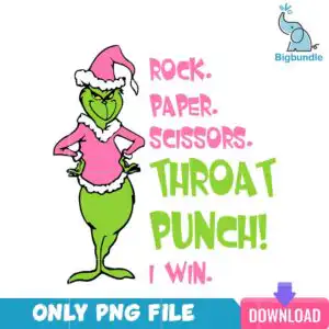 pinkgrinchbundle_18.png Green furry Grinch character in pink Santa hat and shirt with Rock Paper Scissors Throat Punch text