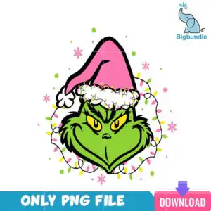 Pink Grinch cartoon face with green grumpy face and pink Santa hat illustration
