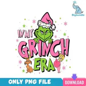 pinkgrinchbundle_52.png Green furry creature wearing pink santa hat with In My Grinch Era pink and green lettering
