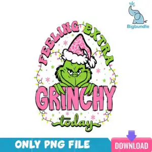 pinkgrinchbundle_54.png Green Grinch face with pink leopard Santa hat and Feeling Extra Grinchy today lettering