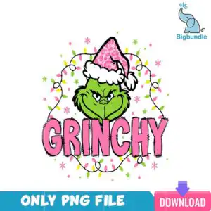 pinkgrinchbundle_55.png Cartoon green furry grumpy face in pink leopard Santa hat above GRINCHY pink block letters with Christmas lights