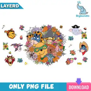 pooh_s-friends-halloween.jpg Cartoon bear tiger donkey pig and elephant faces with pumpkins spiderwebs and candy corn collage